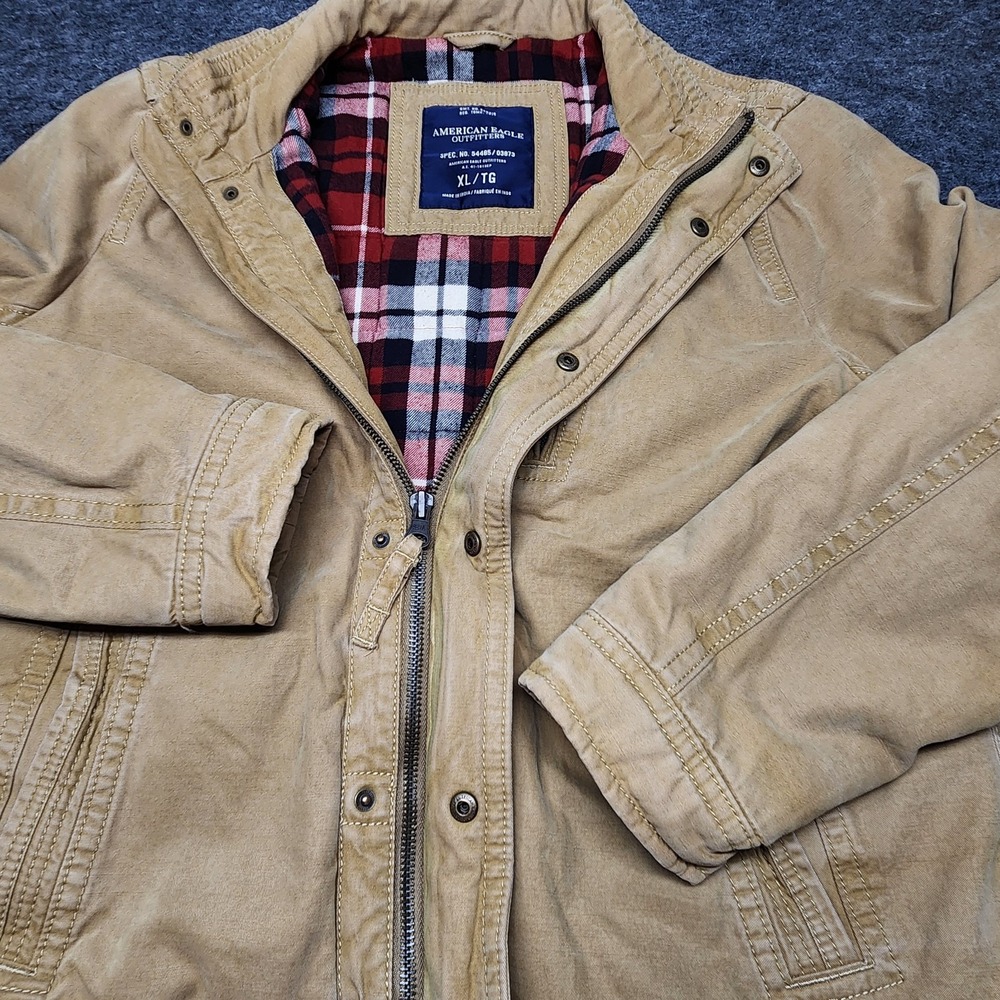 American Eagle Mens Flannel Lined Insulated Beige Utility Field Jacket XL Pocket